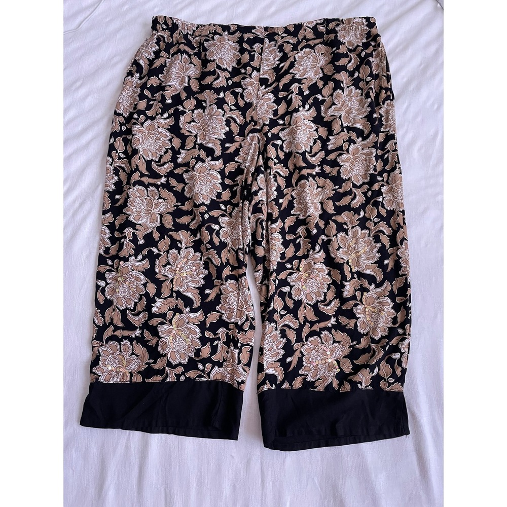 Vintage White Stag Cropped Lounge Pants Women XL Black Floral Sequin Wide Leg